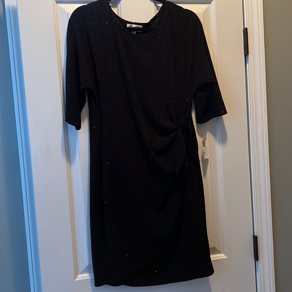 NEW, Signature by RB, Women Glitter 3/4 Sleeve Wrap Dress, BLACK, Medium Petite